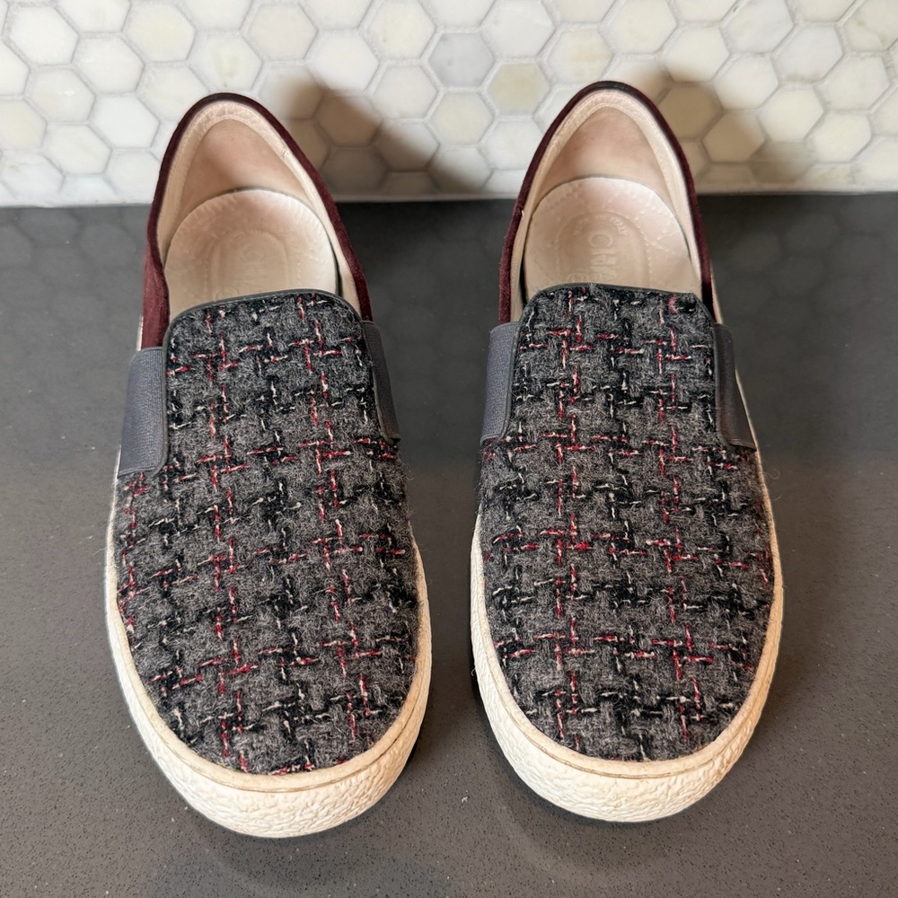 CHANEL 16B Bordeaux Multi Color Tweed Suede CC Logo Slip On Sneaker Flat Shoe 41